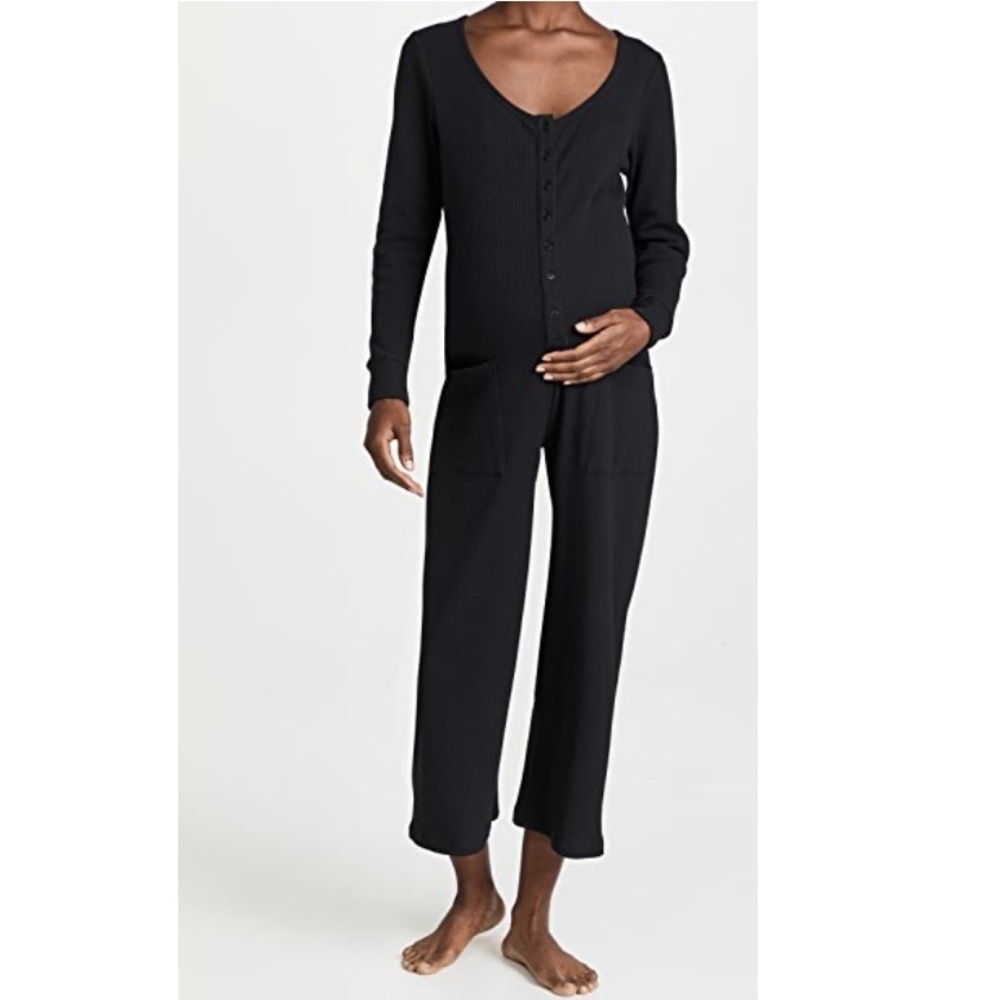 Hatch Daily Feed Long Sleeve Maternity Jumpsuit Black Thermal Waffle Knit-2/M